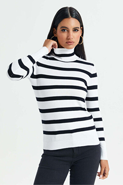 REDTAG Women White With Black Stripes Turtle Neck Pullover