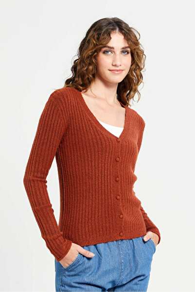 REDTAG Women Brown V Neck Knitted Cardigan