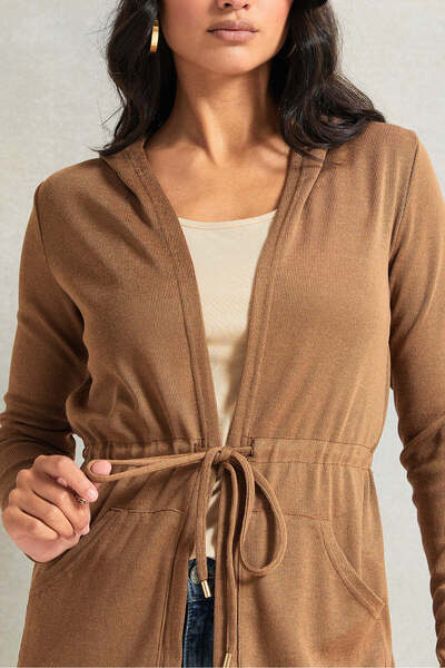 REDTAG Women Beige Waist Hooded Cardigan With Pockets