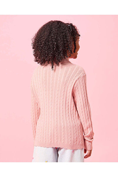 REDTAG Girls Pink Turtle Neck Cable Knitted Pullover