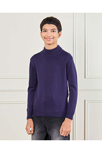 REDTAG سترة محبوكة برقبة عالية باللون الأزرق البحري للأولاد الكبار