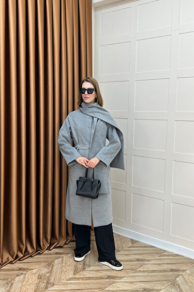 Stilife Παλτό Siena με λεπτομέρεια κασκόλ και καστανό χρώμα γκρι