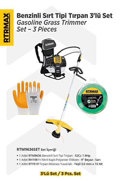 Rtrmax RTM9636SET Benzinli Sırt Tipi Tırpan 3'lü Set -Eldiven-Tırpan Misinası