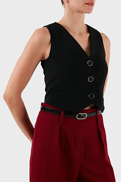 Armani Exchange Women High Quality Fabric V Neck Gold Button Detail Crop Black Vest Xw001279 Af16148-Uc001