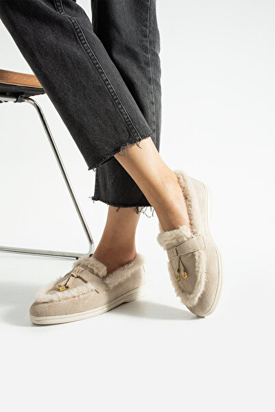 Moda Devrin Μπεζ χειμερινά βελούδινα παπούτσια μπαλαρίνας (αντιολισθητικά)