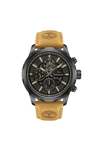 Timberland ساعة هامبتون هاربور متعددة الوظائف مقاس 46 مم - مينا أسود، حزام جلدي بني