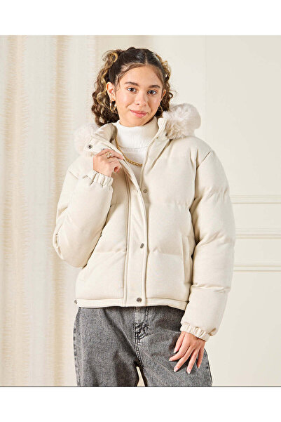 REDTAG Senior Girls Beige Padded With Fur Hoodie Jacket