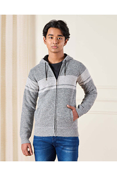 REDTAG Senior Boys Grey Sherpa Lining Zip Thru Hoody Cardigan