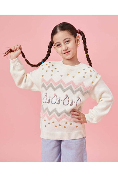 REDTAG Girls Ivory Penguin Jacquard Pullover