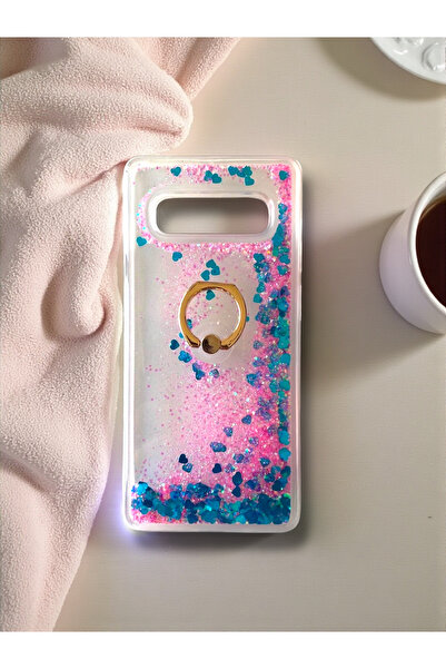 Merwish Samsung Galaxy S10 Plus Compatible Shiny Silicone Case with Water Glitter Ring and Stand Blue