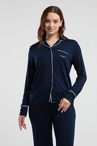 Pierre Cardin Long Sleeve Shirt Collar Pocket Detail Buttoned Viscose Pajama Set Thcl86Pc