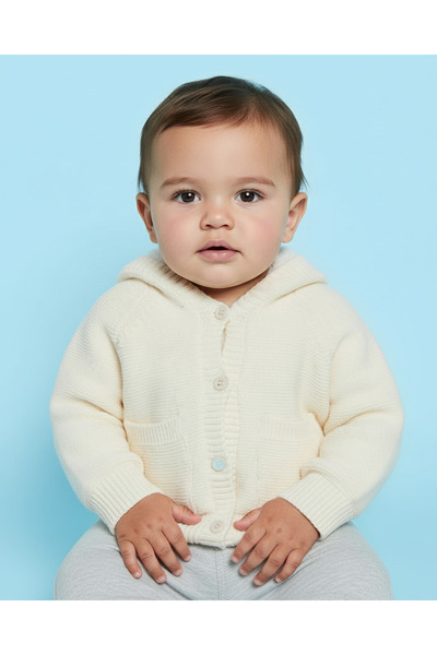 REDTAG سويت شيرت أبيض للأولاد الرضع بغطاء رأس وأزرار أمامية وجيب