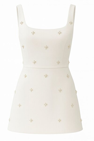 Shop Krutzo Kadın Beyaz Kare Yaka İnci Detaylı Mini Nikah Nişan Söz Abiye Elbise