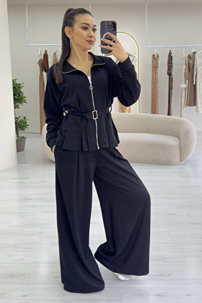 zks grup tekstil Women's Zippered Belt Detail Wide Leg Modal Two-Piece Set Black, Navy Blue, Brown, Burgundy, Gray