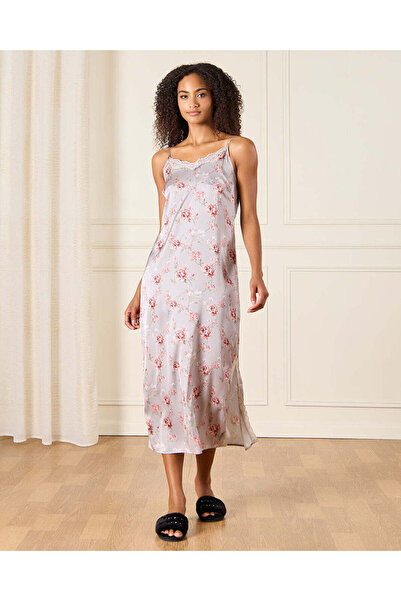 REDTAG Women Lilac Floral Printed Satin Chemise With Lace Trim