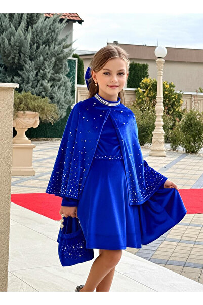 Bayona Kız Çocuk Kırmızı Kadife İnci Detaylı Abiye Elbise ve Bolero Takımı