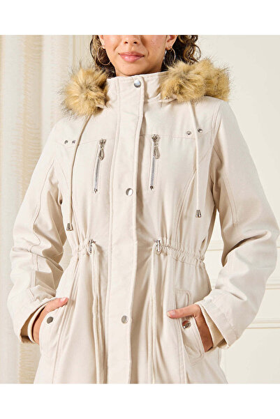 REDTAG Senior Girls Cream Jacket With Hooded Fur