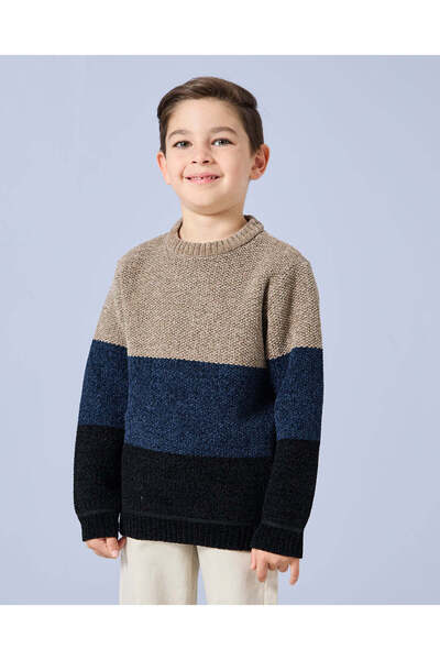 REDTAG Boys Navy And Beige Chenille Bonded Jumper