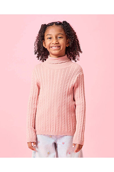 REDTAG Girls Pink Turtle Neck Cable Knitted Pullover