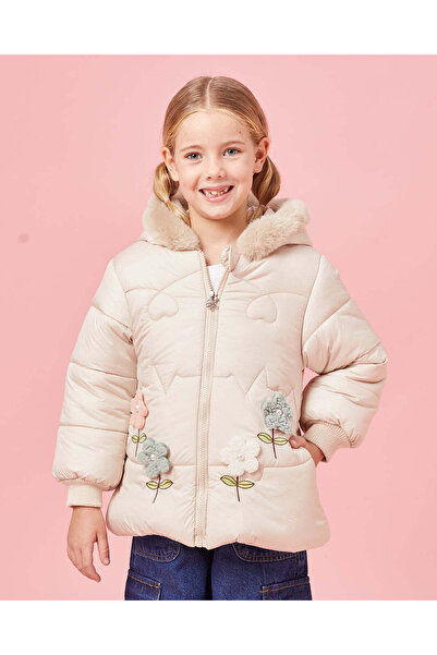 REDTAG Girls Beige Puffer Fur Hooded Jacket