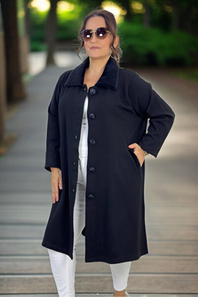 yagmurberen Oversized Steel Knitted Jacket with Fur Detail on the Collar and Pocket Mouths