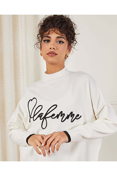 REDTAG Women Cream High Neck Graphic Print Sweater