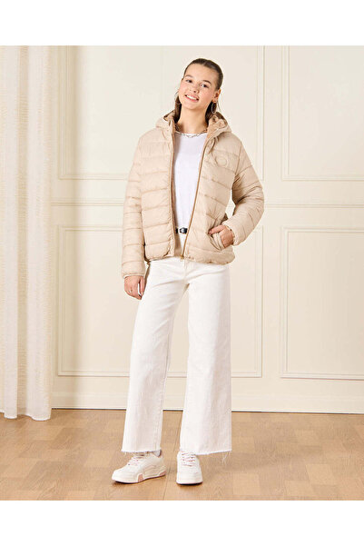 REDTAG Senior Girls Beige Hooded Padded Jacket With Fur Lining