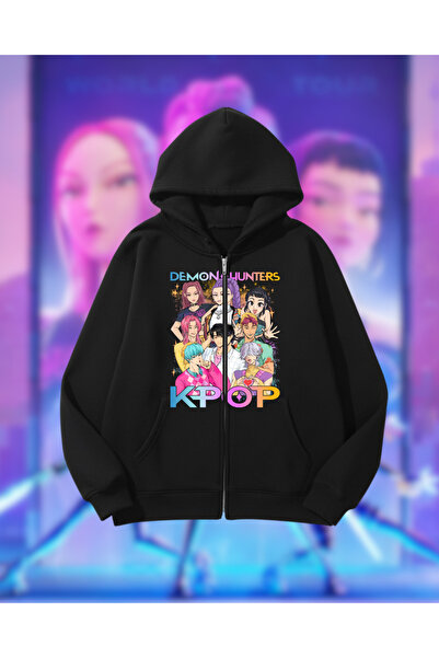 Touz Moda Kpop Demon Hunters Oversized Zippered Black Unisex Hooded Cardigan