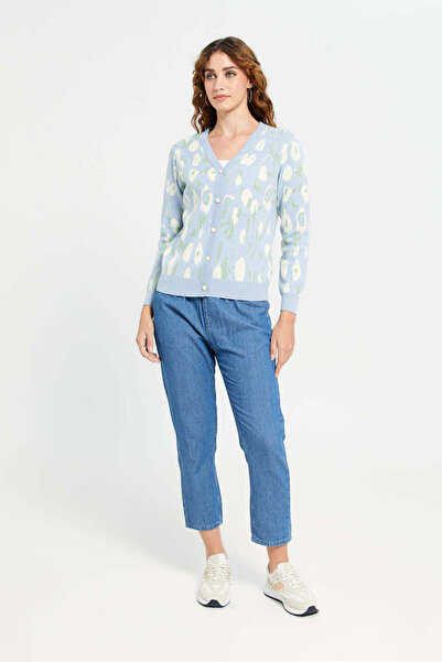 REDTAG Women Blue Floral Print Knitted Cardigan