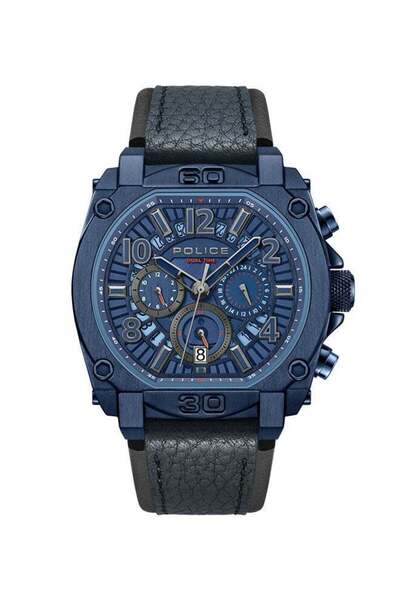 Police ساعة يد جلدية دائرية الشكل كرونوغراف للرجال PEWJF0021904 - 45 مم