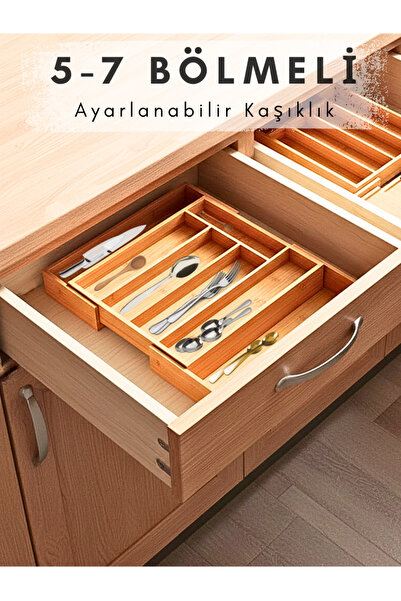 Penthouse Suport pentru linguri din bambus, reglabil, cu dimensiuni reglabile, cu 5-7 compartimente, organizator