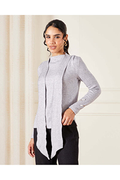 REDTAG Women Grey Tie Neck Knitted Pullover
