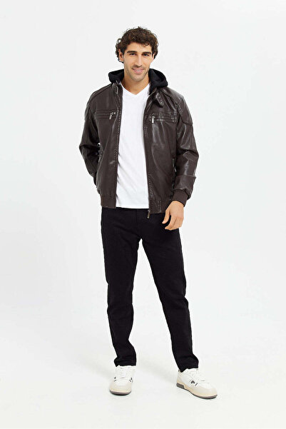 REDTAG Men Brown Hooded Biker Jacket