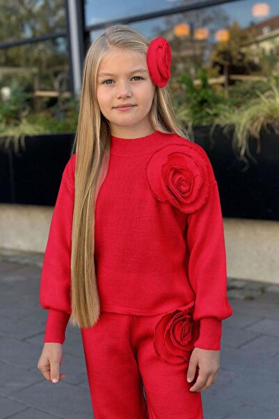 Riccotarz Girl's Turtleneck Sweater with Rose Brooch on the Shoulder, Loose Fit Red Knitwear Top and Bottom Set