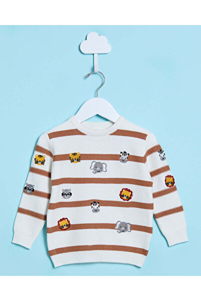 REDTAG Infant Boys Ecru Striped Pullover Sweater Embroidery