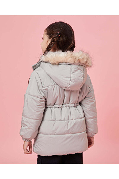 REDTAG Girls Grey Parka Jacket With Fur Hood