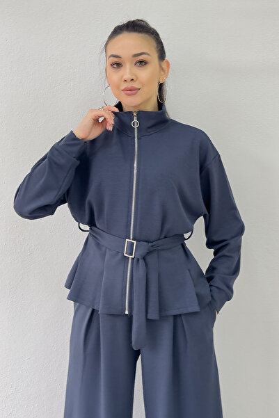 zks grup tekstil Women's Zippered Belt Detail Wide Leg Modal Two-Piece Set Black, Navy Blue, Brown, Burgundy, Gray