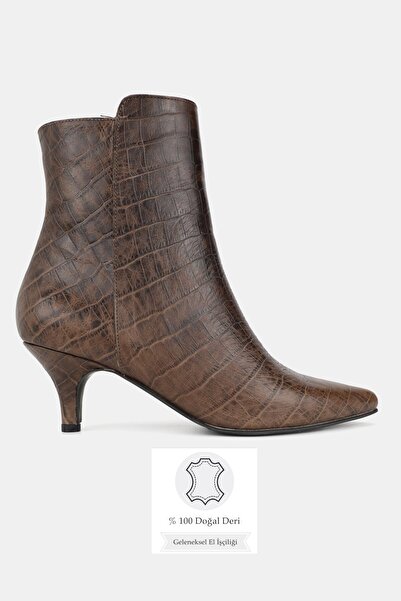 TUNAELLİ Women's Brown Crocodile Pattern Genuine Leather Size 35-41 Thin Heel Pointed Toe Boots & Booties