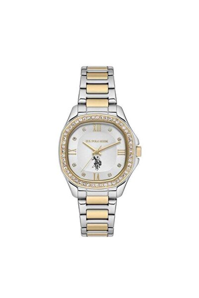 U.S. Polo Assn. ساعة ستايل النسائية مقاس 32 مم بمينا فضي وسوار من الفولاذ الم...