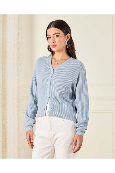REDTAG Women Blue Button Front Knit Cardigan