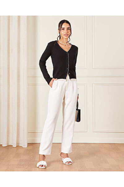 REDTAG Women Black Knitted Top With Ivory Contrast Piping Detail