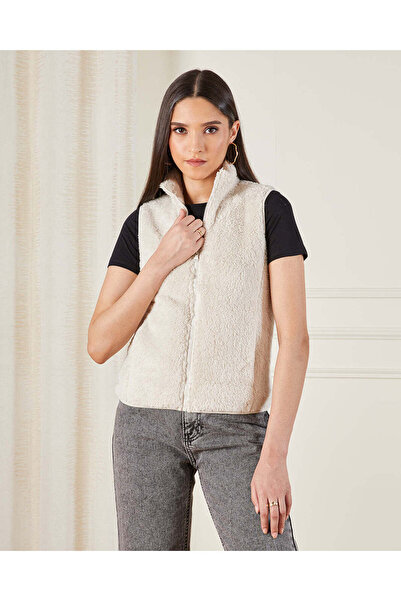 REDTAG Women Ivory High Neck Sleeveless Fur Jacket