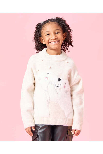 REDTAG Girls Beige Polar Bear Jacquard Pullover