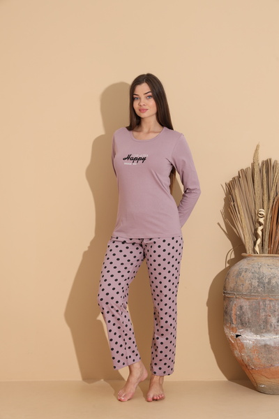 Serena Women's purple "HAPPY" pajamas with long polka dot pants – 100% cotton