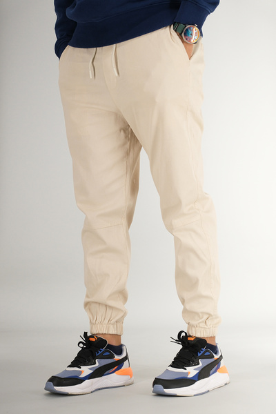 Souris Men's Beige Jogger Pants Relaxed Fit Cotton Elasticated Cuffs Drawstring