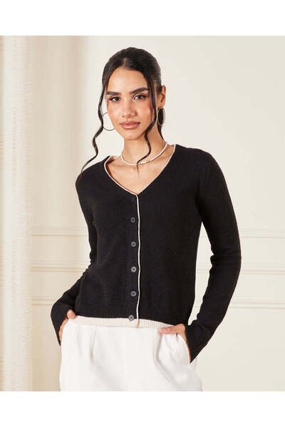 REDTAG Women Black Knitted Top With Ivory Contrast Piping Detail