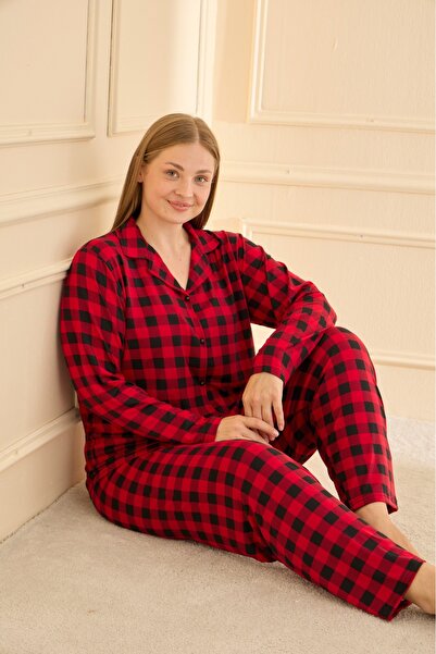 Elit Women's Plus Size Long Sleeve Front Buttoned Milan Fabric Pajama Set