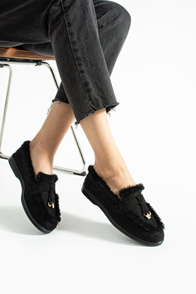Moda Devrin Чорні зимові плюшеві лофери-балетки (стійкі до ковзання)
