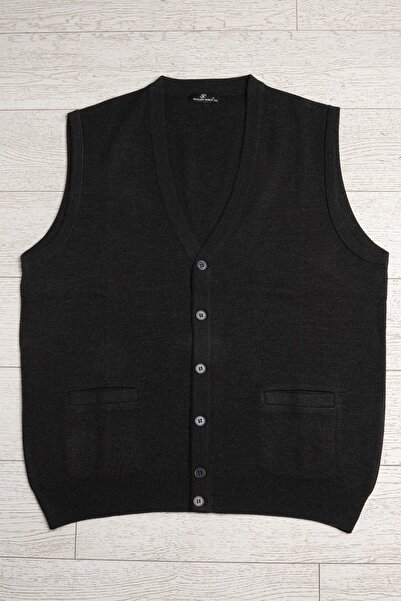 Woolen World Pocketed V-Neck Oversize (Large Size) Buttoned Wool Knitwear Vest