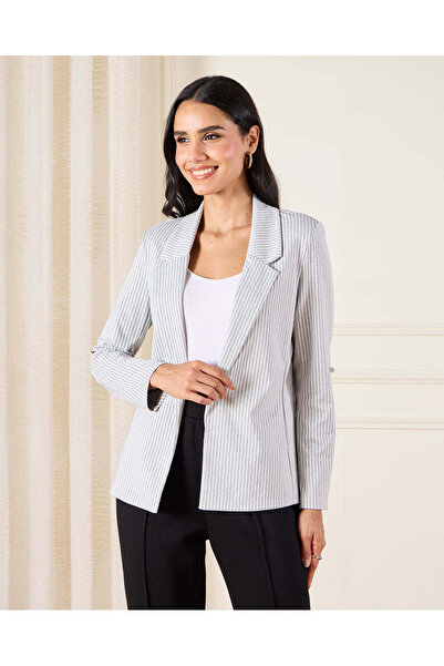 REDTAG Women Ivory Striped Rolled Sleeve Blazer